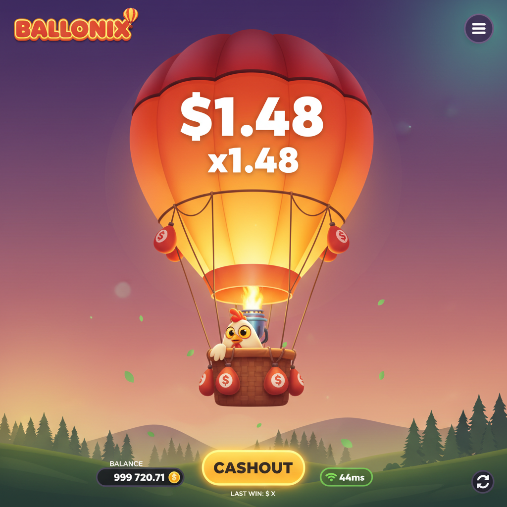 BalloniX crash game featuring a cartoon chicken character piloting a golden-orange hot air balloon with real-time multiplier display over a purple twilight landscape with green hills