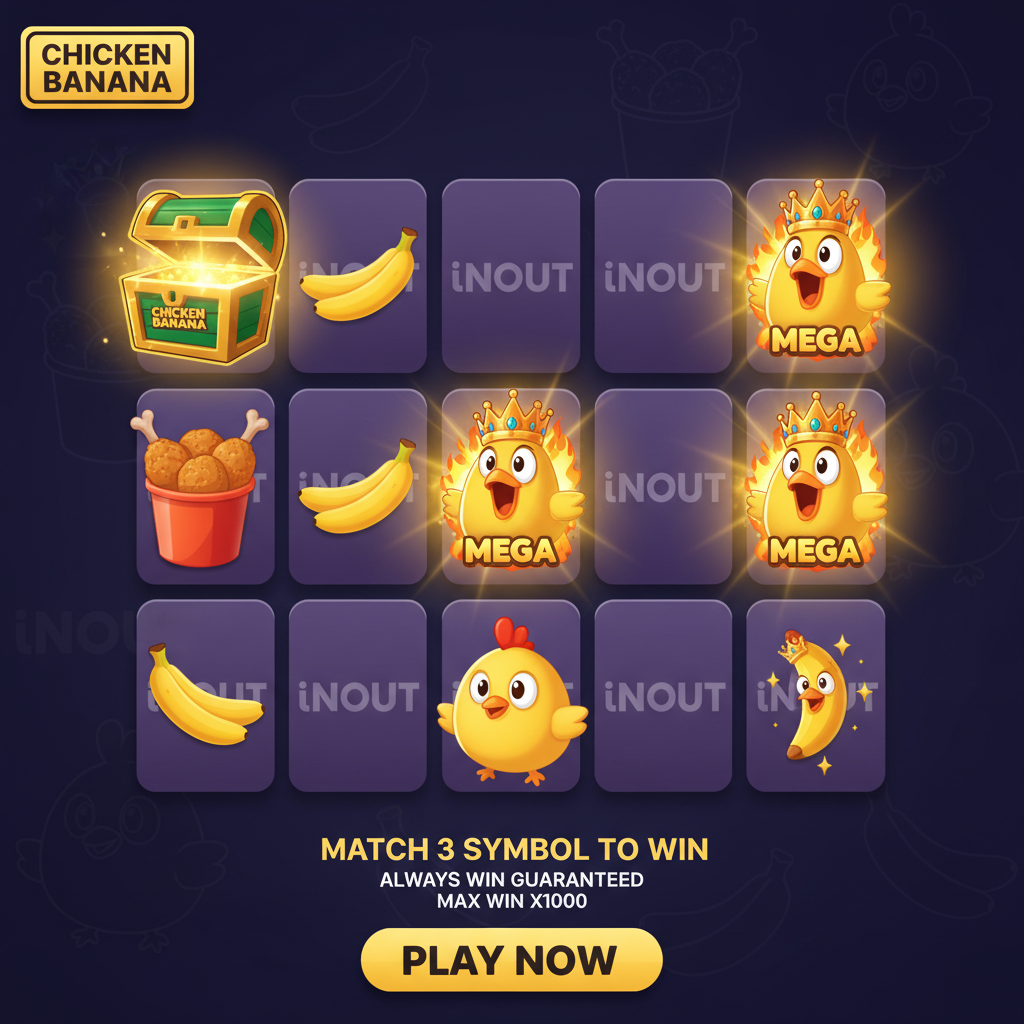 Chicken Banana slot game by InOut showing 5x4 card grid with cartoon chicken characters wearing golden crowns, banana symbols, fried chicken bucket, and glowing Mega Jackpot symbols with x1000 multiplier