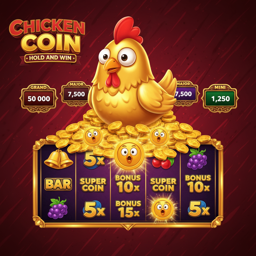 Chicken Coin Hold and Win slot game featuring cartoon golden chicken mascot sitting on pile of gold coins with Super Chicken Coin symbols and four progressive jackpots