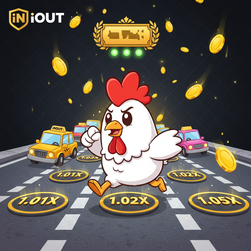 Chicken Road 2 Bonus slot game hero image showing white cartoon chicken with red comb crossing dangerous multi-lane road with cars, golden coins falling, and multiplier values on manhole covers