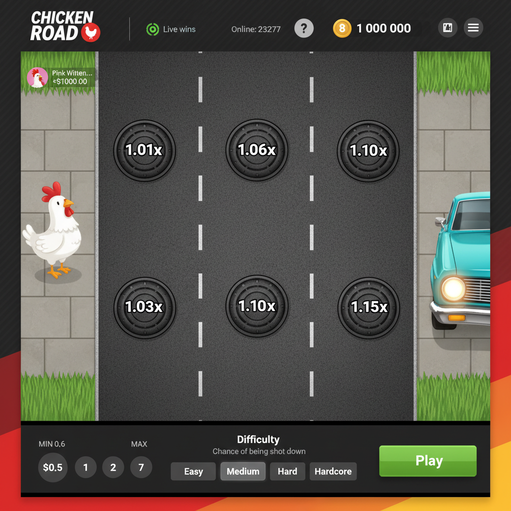 Chicken Road 2 slot game showing white chicken with red comb crossing six-lane asphalt highway with manhole multipliers ranging from 1.01x to 1.19x, featuring arcade-style gameplay