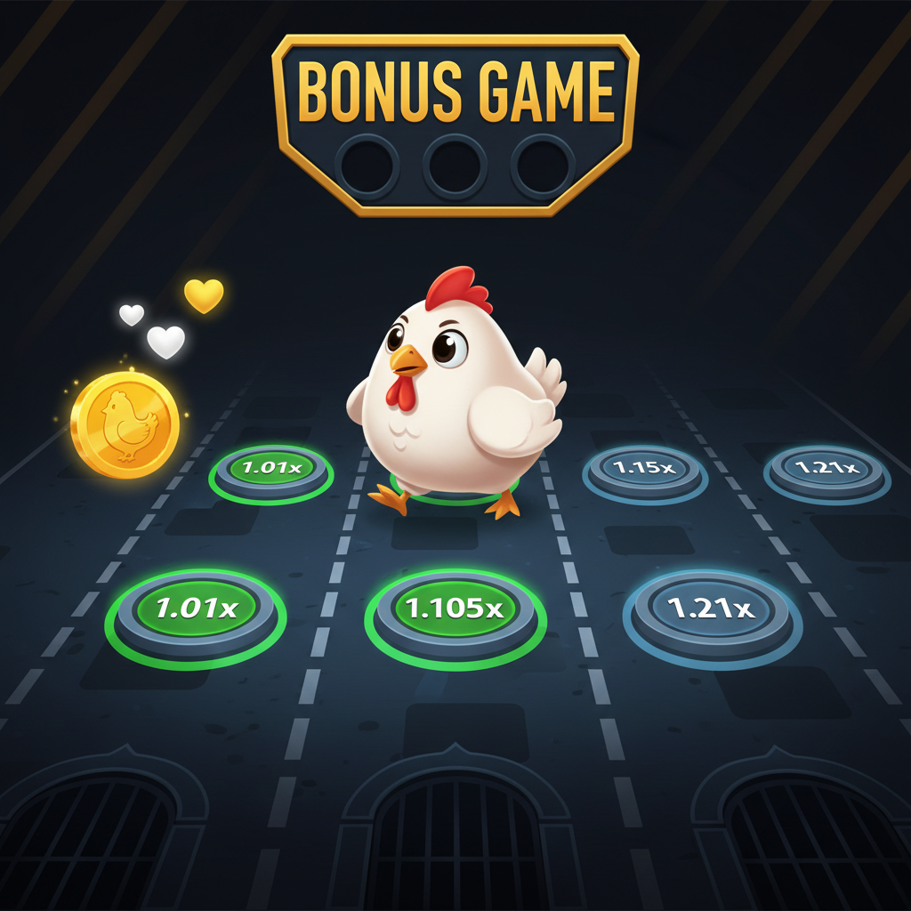 Chicken Road Bonus slot game featuring cartoon chicken character crossing road lanes with multiplier circles and golden egg bonus symbols, dark road background with lane markings