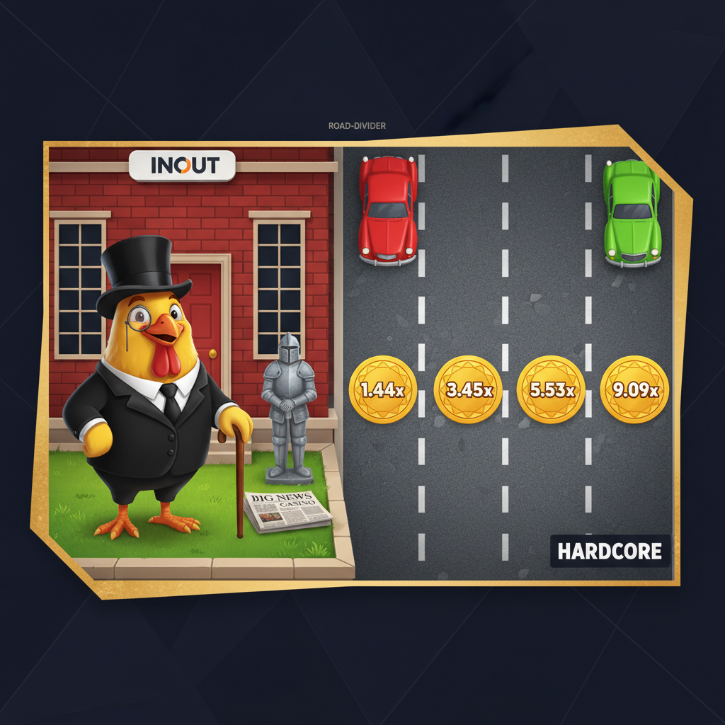 Chicken Road Gold game featuring an anthropomorphic chicken in formal black suit, top hat, and monocle standing before INOUT casino building with golden multiplier coins on grey asphalt road