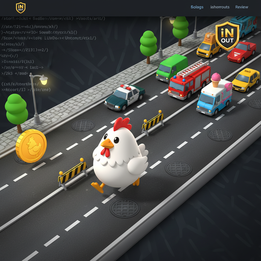 Chicken Road slot game by InOut featuring a white cartoon chicken crossing multiple road lanes with colorful vehicles including police cars, fire trucks, and ice cream trucks viewed from top-down perspective