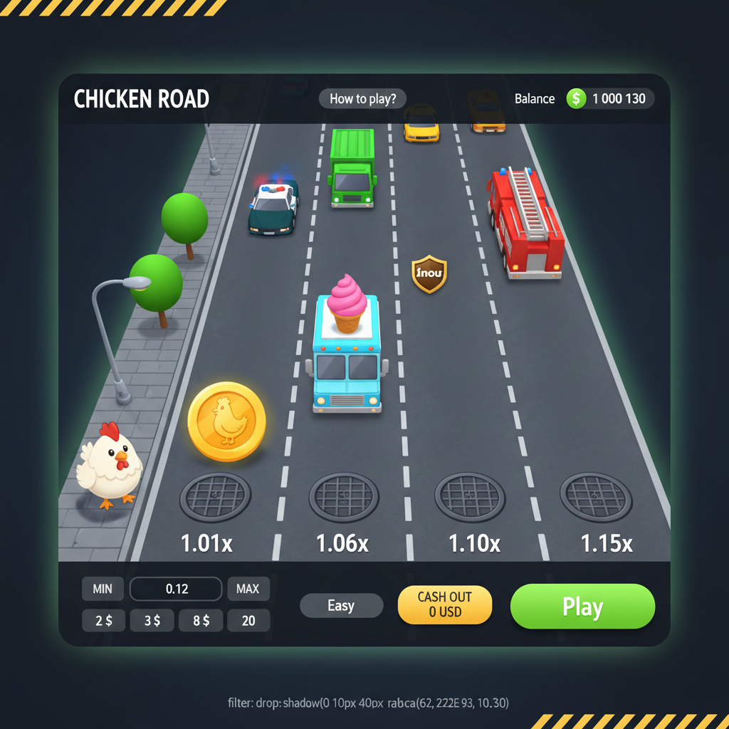 Chicken Road slot game - cartoon chicken character preparing to cross a dangerous multi-lane road filled with police cars, fire trucks, and traffic from top-down perspective