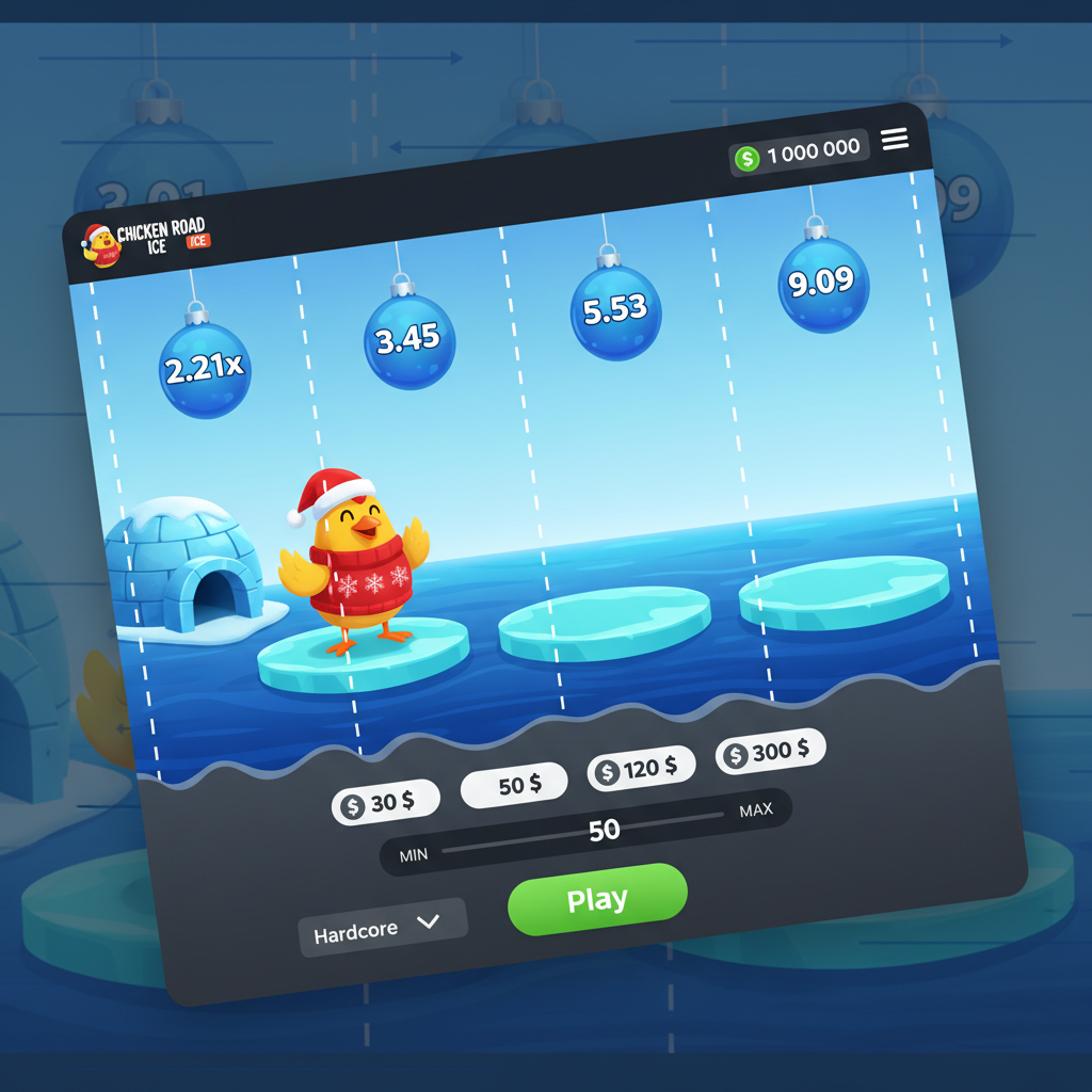 Chicken Road Ice slot game featuring a cartoon chicken wearing a red Santa hat and snowflake scarf standing on cyan ice plates over dark blue water with Christmas ornament multipliers hanging above in a winter arctic theme by InOut provider