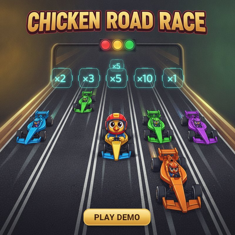 Chicken Road Race slot game showing top-down view of 5-lane highway with cartoon chicken mascot in red racing helmet navigating between colorful Formula 1 racing cars, bright cyan multiplier displays above each lane, traffic light system, and asphalt road texture with white lane dividers