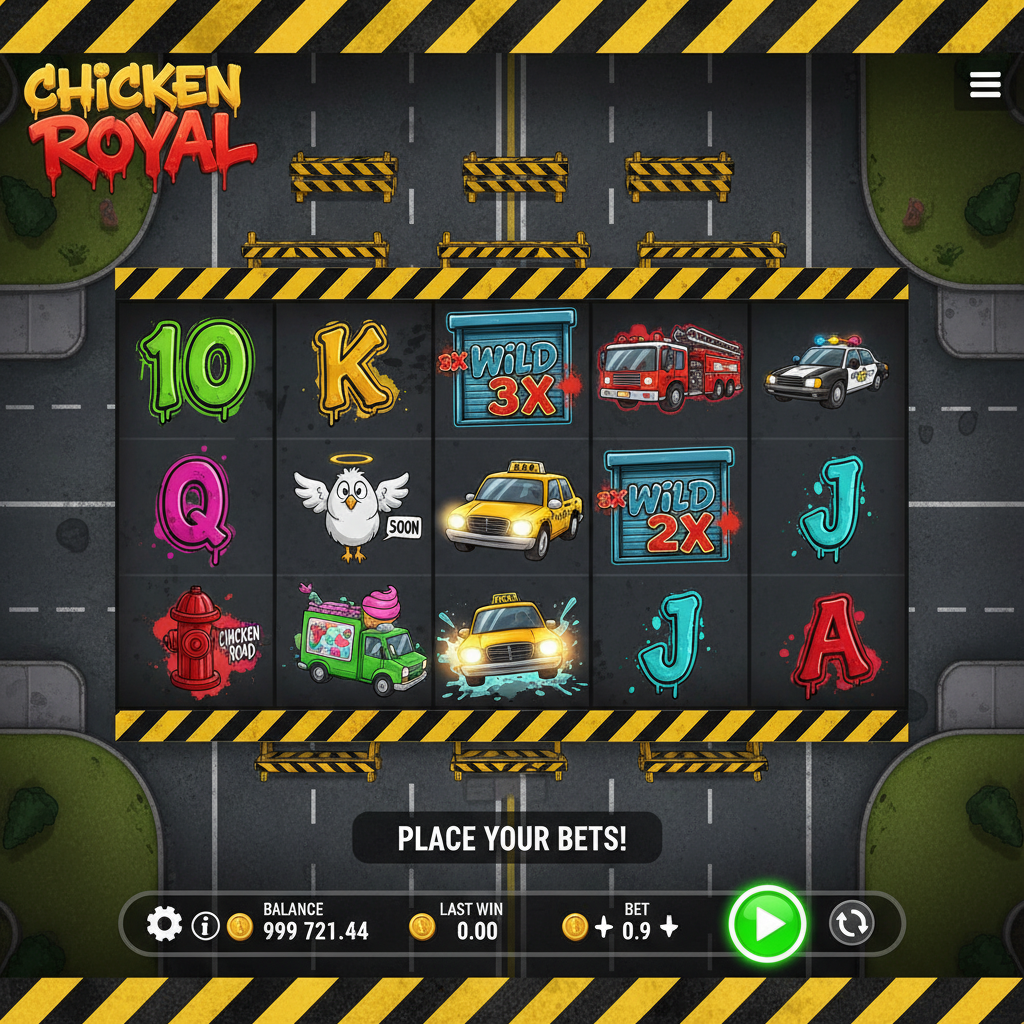 Chicken Royal slot game showing urban street graffiti theme with cartoon chicken character, fire truck, taxi, police car symbols, wild garage door with multipliers on 5x3 reel grid