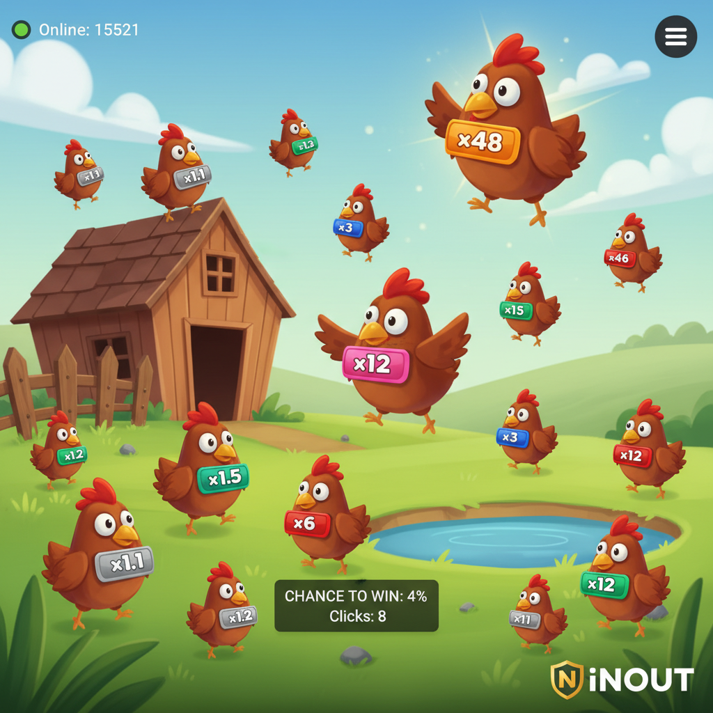 Chicken Shoot slot game by InOut featuring cartoon chickens with multiplier badges x1.1 to x48 on vibrant farm landscape with wooden shed and pond