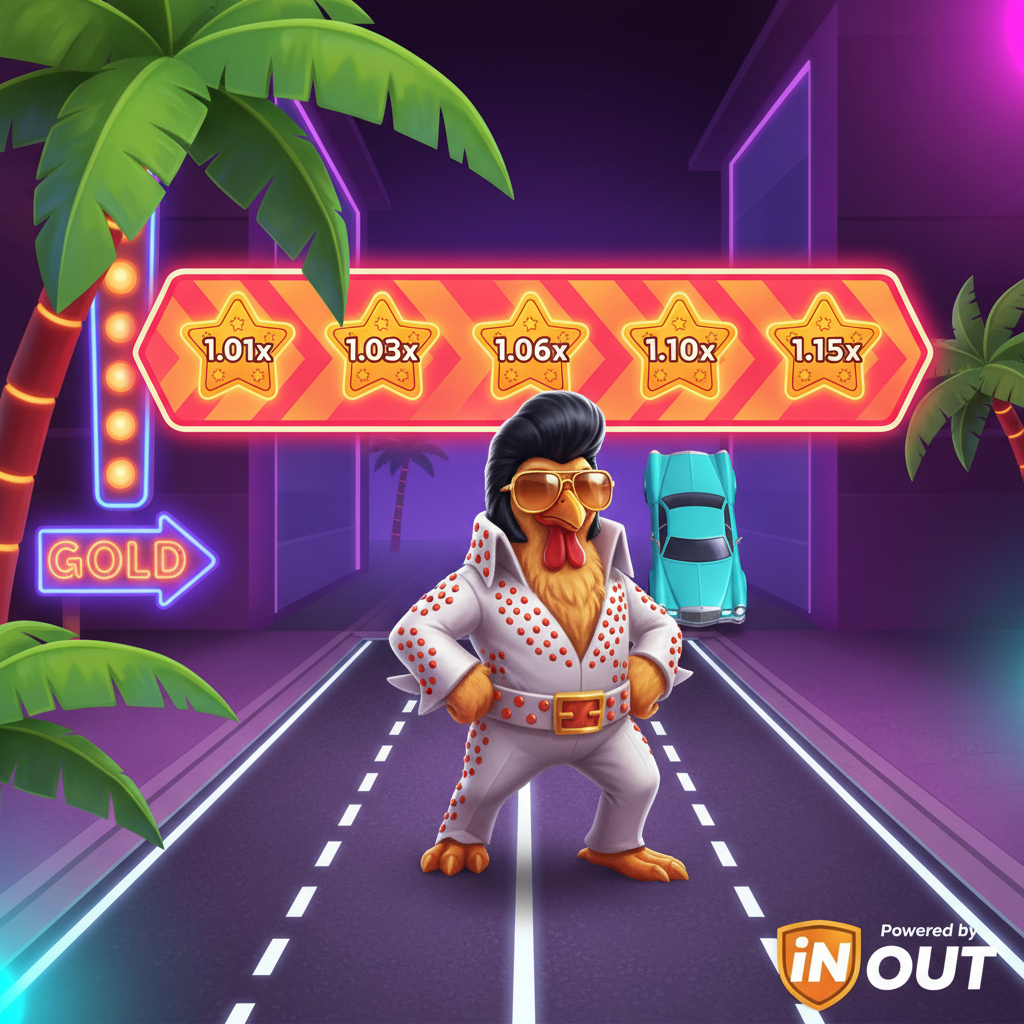Chicken Road Vegas game featuring Elvis chicken character in white jumpsuit with sunglasses crossing neon Vegas highway with luxury cars and orange multiplier stars